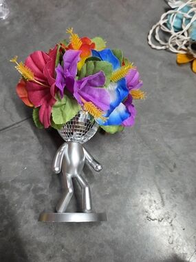 Handmade Rainbow Floral Disco Head Figurine - Silver Base